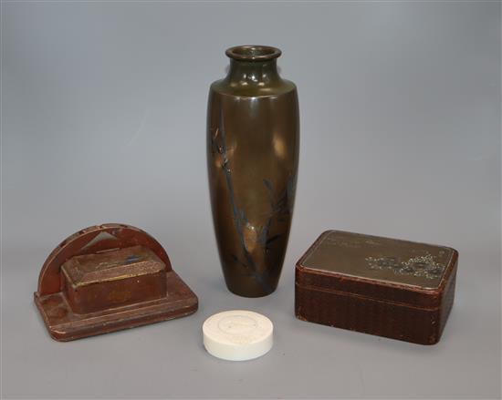 A Japanese bronze and wickerwork box, an ivory cover and a lacquer inkwell